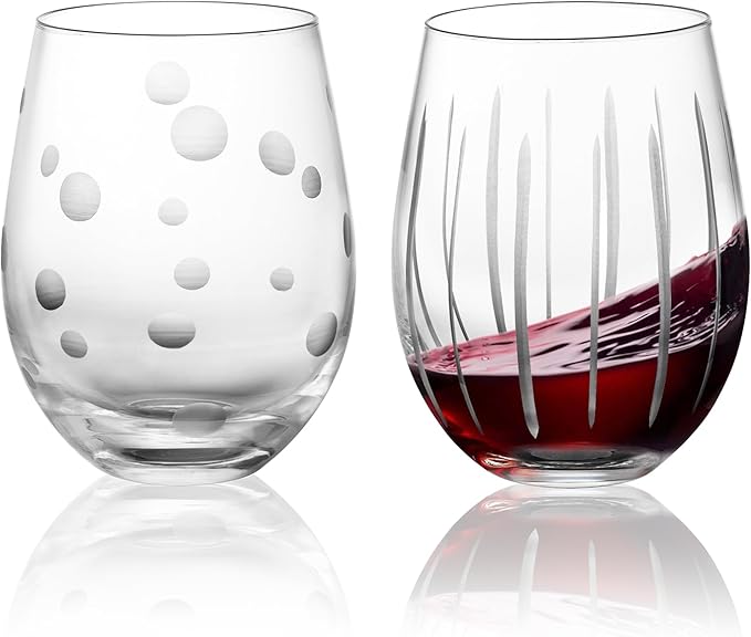 Joeyan Hand Blown Etched Stemless Wine Glasses for Red Wine,Large Carved Drinking Glass Cups Tumblers with Dots Strips Pattern for Wedding Anniversary Party Home,Set of 2, 17.5 oz, Dishwasher Safe