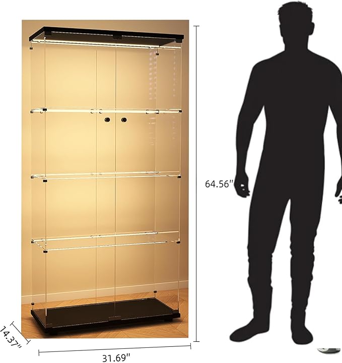 Modern 4-Tier Glass Display Shelf with 2 Doors, Curio Cabinet Collection - Floor Standing Display Case for Living Room, Bedroom, Home Office - 30" W x 14.5" D x 64" H (Black with LED Light Strip)