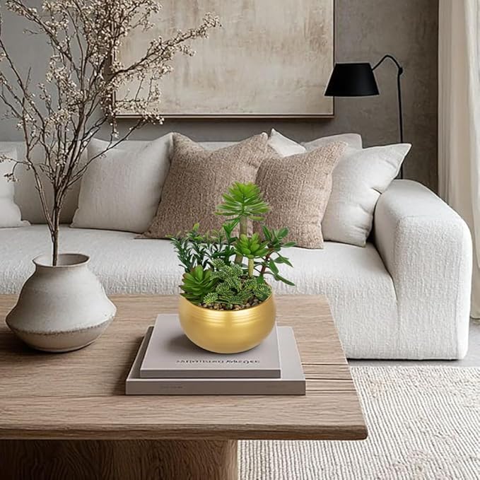 DILATATA Artificial Succulent Plants in Gold Pot Faux Succulent Arrangement Fake Potted Plants with Pebbles for Home Office Desk Shelf Table Decor