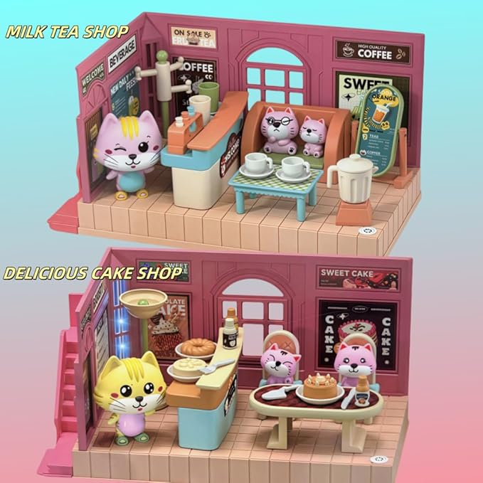 Koko's Cat Town DIY Miniature House Kit,Tiny House Cake Shop Building Kit,Dollhouse for 3 and up, Dollhouse Building Kit with Cats,Cat Toys Gift for Teens Kids Ages 3+