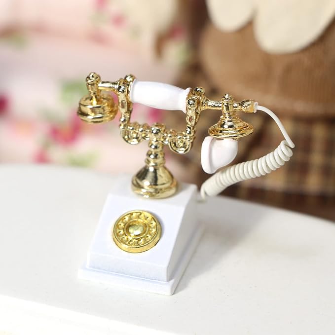 Dollhouse Telephone 1:12 Miniature Vintage Rotary Phone Model Desk Decoration Retro Mini Accessorries for Artificial House Living Room Scene (White)
