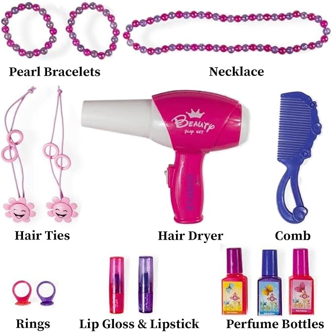 DIMPLE 2-in-1 Musical Piano Vanity Set Girls Toy Makeup Accessories Working Piano, Flashing Lights, Big Mirror, Pretend Cosmetics, Hair Dryer, Princess Image Appears in Mirror(7 AA Batteries Included)