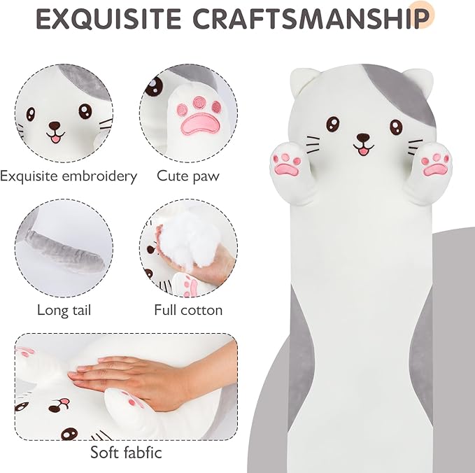 44 inch Giant Cat Stuffed Long Body Pillow, Jumbo Cat Stuffed Animal, Soft Plush Toy Cuddle Plushies Gift for Kids Boys Girls Birthday