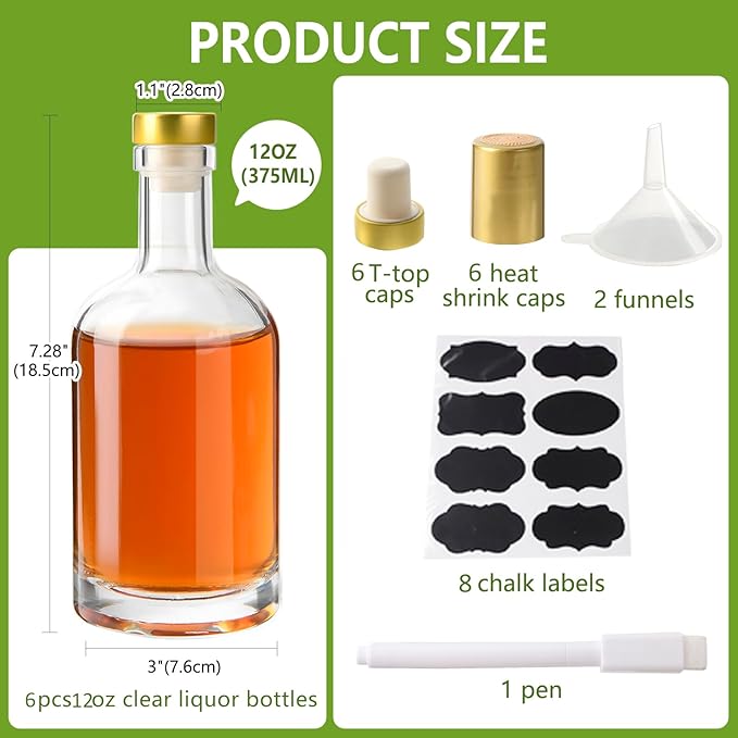 BPFY 6 Pack 12 oz (375ml) Clear Glass Liquor Bottles with T-Top Cap, Heat Shrink Capsules, Vodka Bottles for Wine, Kombucha, Syrup, Beverages, Drinks, Oil, Vinegar