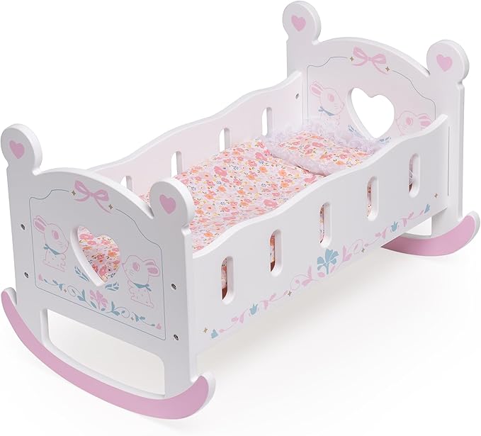 ROBOTIME Baby Doll Crib, Doll Bed for 18–24 Inch Dolls, Wooden Doll Cradle with Mattress, Pillow & Quilt, Pretend Play Doll Furniture Gift for Girls & Boys Ages 3+