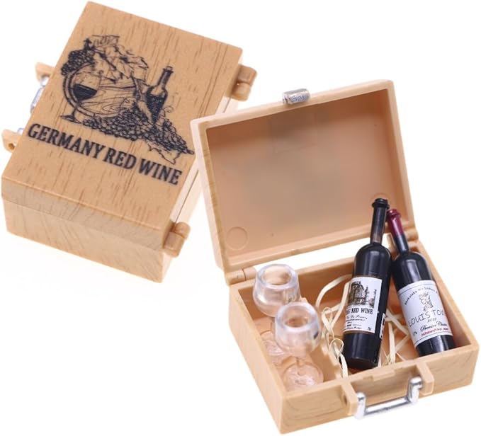 1:12 Mini Dollhouse Accessories Set Which Including 2 Red Wine Bottles Glasses Bottles and A Case,Miniaure Scene Model for Dollhouse Decor and Dollhouse Furniture