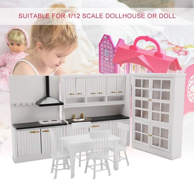 Dollhouse Miniature Kitchen Furniture, Modern Wooden White Set to Store Miniature Food, Exquisite Toy House Furniture, Suitable for 1/12 Scale Dollhouse, Made of