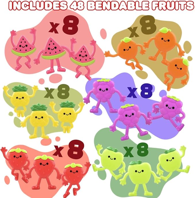 ArtCreativity Mini Bendable Fruit Toys (Set of 48) Fruit Party Favors Fidget Toys - 6 Assorted Designs Bendy Toys for Pinata Stuffers, Vibrant Stress Toys for Boys and Girls Birthday Pinata Filler
