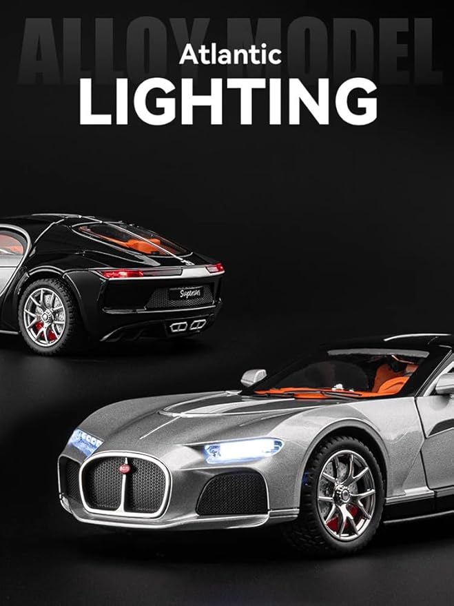 1:24 Simulated Atlantic Alloy Car Model Sound and Light Return Toy Car Metal Sports Car Boy Collection Ornaments Gifts (Black)