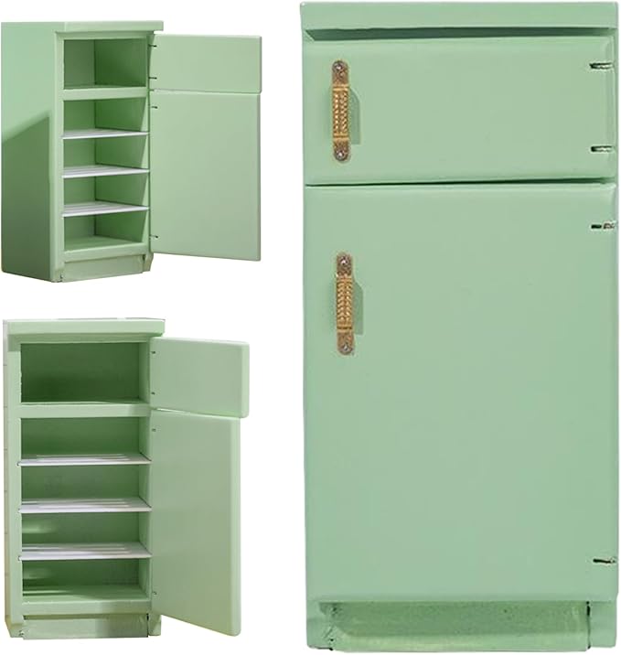 Otbushit Wooden Dollhouse Furniture 1/12 Scale Toy Refrigerator, Green Simple Retro Style Kitchen Miniature Delicate Fridge Model Accessory Pretend Play