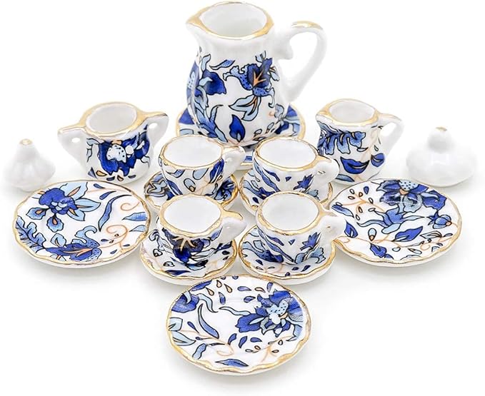 Odoria 1:12 Miniature 15Pcs Blue Porcelain Chintz Tea Cup Set (Blue)