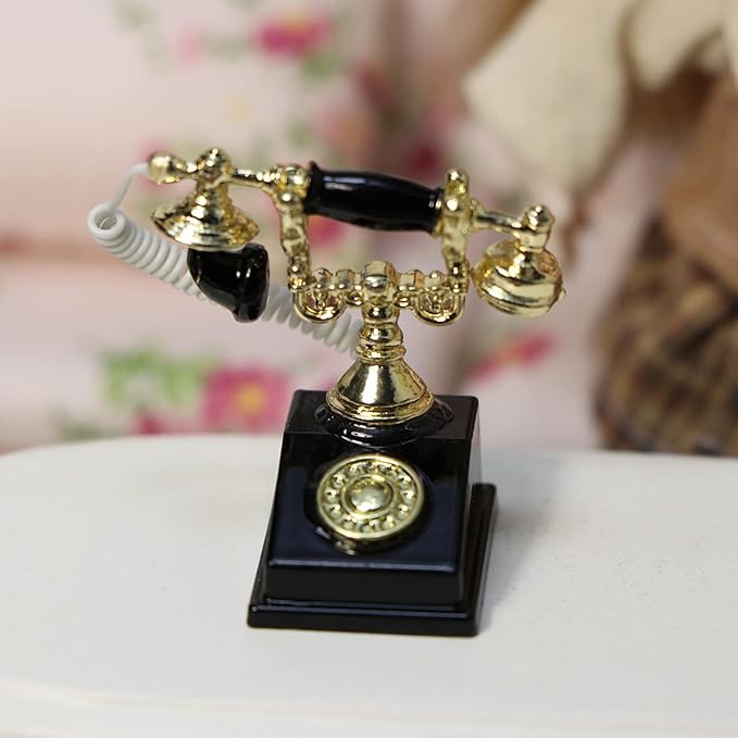 Dollhouse Telephone 1:12 Miniature Vintage Rotary Phone Model Desk Decoration Retro Mini Accessorries for Artificial House Living Room Scene (Black)