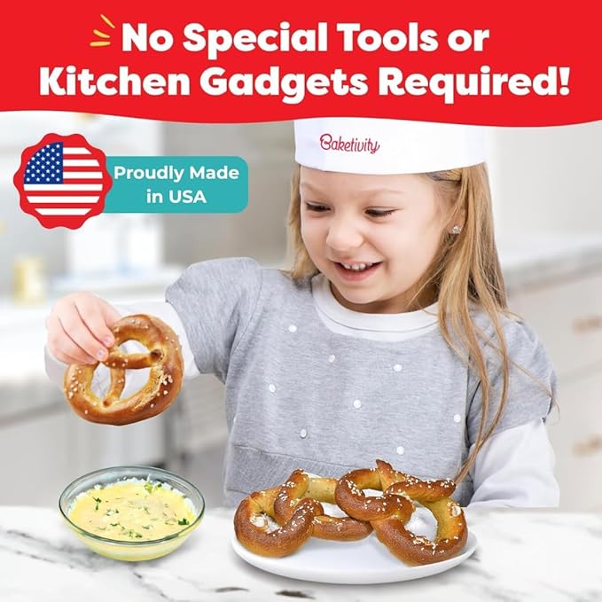 Baketivity Kids Baking Set, Meal Cooking Party Supply Kit for Teens, Real Fun Little Junior Chef Essential Kitchen Lessons, Includes Pre-Measured Ingredients (Kit +Hat & Apron, Pretzel)