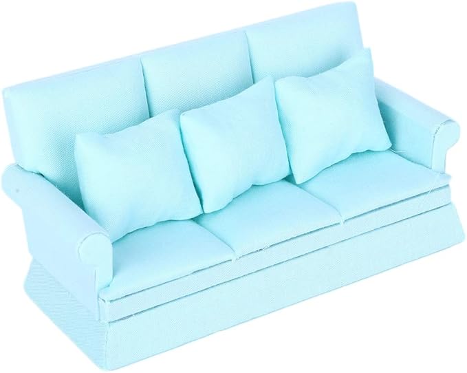 Dollhouse Furniture 1 ：12 Scale Couch Doll House Mini Sofa with 3Pcs Pillow Living Room Furniture Wooden Doll House Decoration Accessories (Lake Blue)