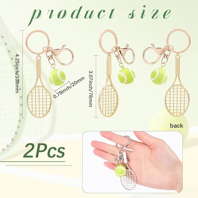 SOFPLATE 1 Box 2Pcs Tennis Charm Keychain Sport Ball Key Chains Gold Alloy Small Racket Metal Hanging Pendant Keyrings Bag Charms for Purse Handbags Men Car Keys Accessories Party Favor Decoration