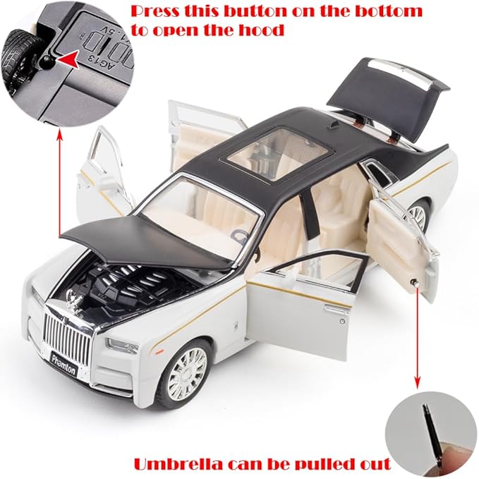 Toy Cars Phantom Model White Alloy Collectibles Diecast Vehicles with Sound and Light