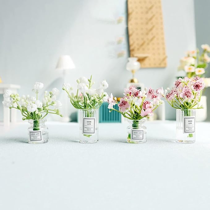 Miniature Flowers in Vase Set - 1:6 Scale Dollhouse Décor with Realistic Details, Tiny Floral Arrangements for Micro Landscape, Train Platform and Fairy Garden Accessories (Pink)