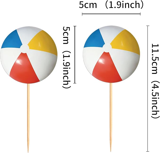 Ercadio 24 Pack Double Sided Beach Ball Cupcake Toppers Water Polo Cupcake Picks Beach Sport Birthday Cake Decorations Baby Shower Party Cake Decoration