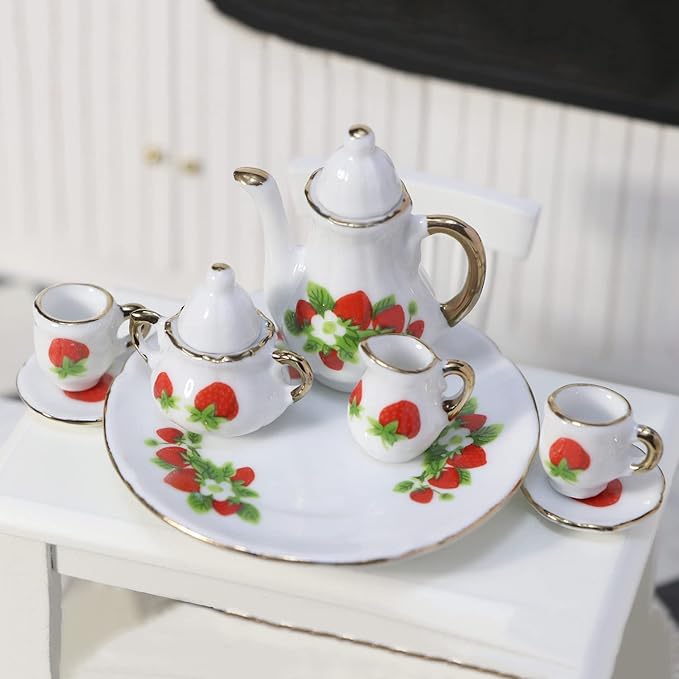 Cutemini 1:6 Scale Miniature Porcelain Dollhouse Tea Set 8PCS Flower Pattern Teapot Platter Dish Sets Dollhouse Kitchen Supplies Decoration (Strawberry)