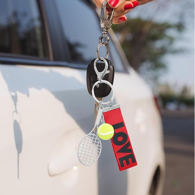 Gallipower 2 Pcs Tennis Ball Keychain,Color Mini Tennis Racket With Ball Keychains Key Ring,Cute Tennis Racket Balls Keychain Baseball Keychains For Women Men Gifts(Red+Blue)