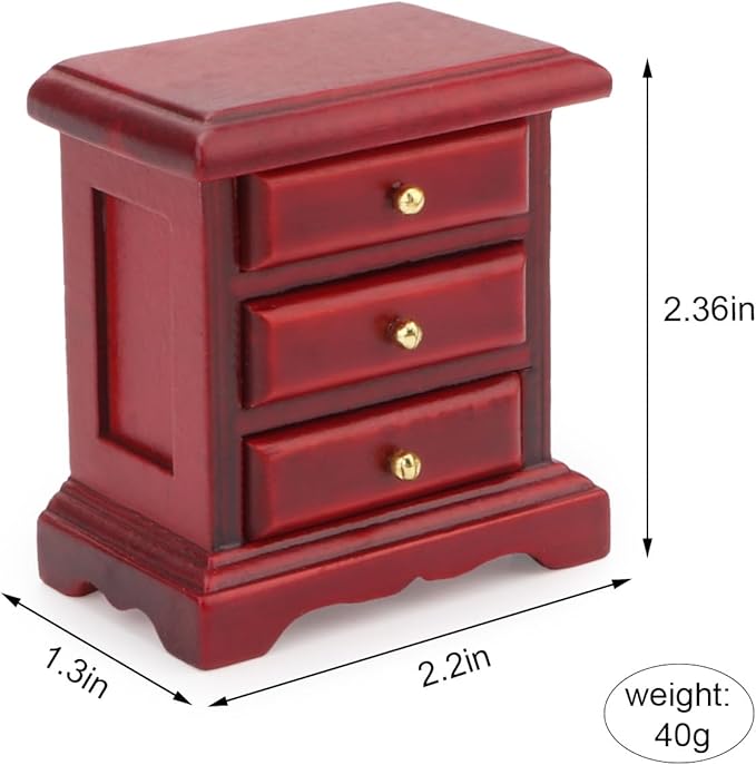 Miniature Bedside 1:12 Furniture Dollhouse Nightstand Bedroom Drawer Cabinet Model Accessories Mini House Scene Building Tabletop Decorations (Red)