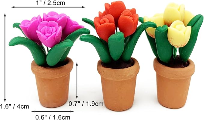 3pcs Miniature Potted Plant Flowers 1:12 Mini Dollhouse Scene Bonsai Tulips Model Accessories Micro Landscape Decoration