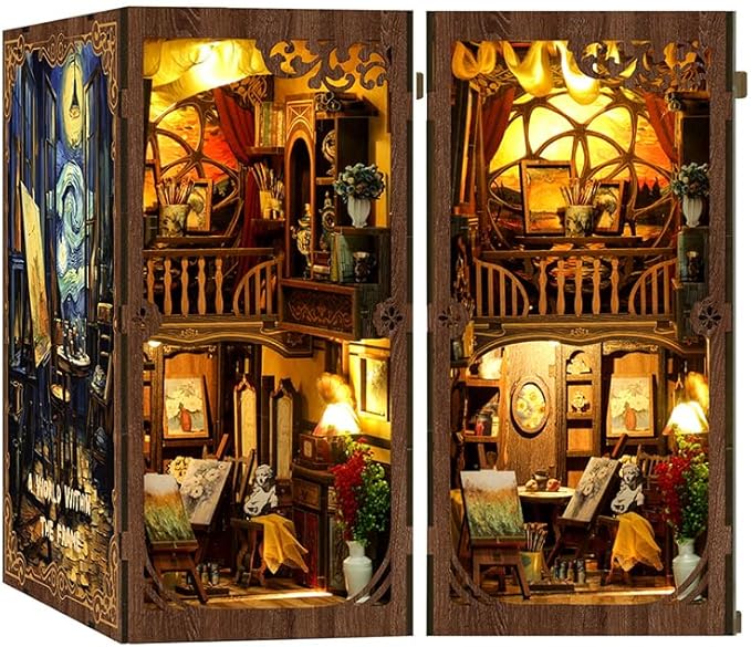 Book Nook Kit for Adults - DIY Miniature House with LED Lights - Adult Book Nook Craft Kit with Starry Night Puzzle - 3D Wooden Puzzle for Birthday Gift - Tiny Craft for Creative Bookshelf Decor