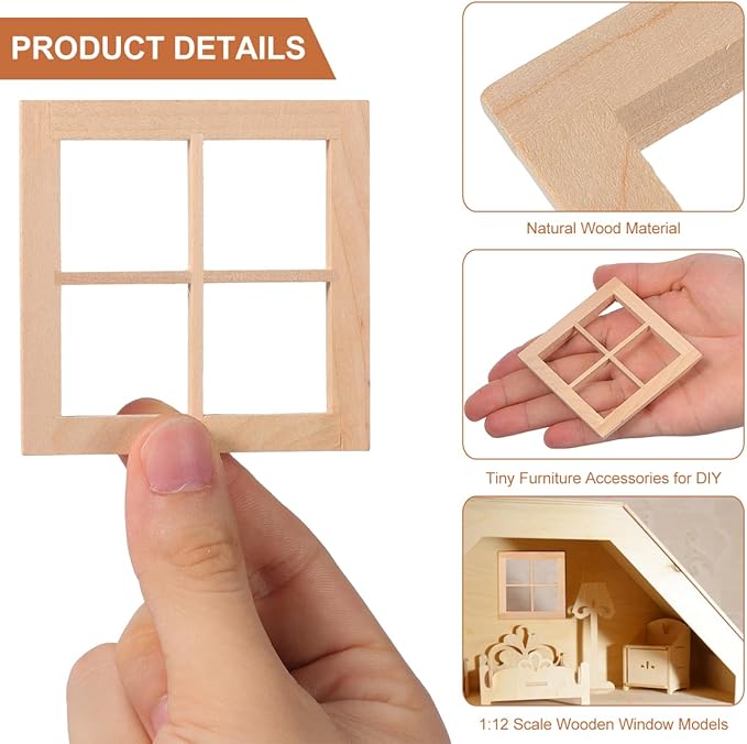 4pcs Wooden Dollhouse Windows 1:12 Scale, Miniature Window Frame Ornament Dollhouse Furniture Tiny Models for Doll Houses Decoration