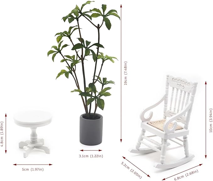 4Pcs 1:12 Dollhouse Wooden Rocking Chair Set Miniature Side Table, Nostalgic TV, Floor Plants Mini House Furniture Accessories for Living Room Bedroom, Kitchen, Outdoor Home Office, Desk