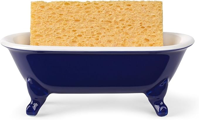 NEWHENGS 6.5" Ceramic Mini Decorative Clawfoot Bathtub Bar Soap Dish, Kitchen Sponge Holder and Shower Tray for Bathroom, 1 Pack(Navy Blue)