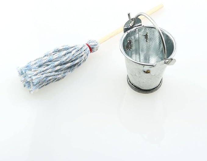 TAODAN Mini Cleaning SetFloor Mop with Galvanized Bucket 1Set Miniature 1:12 Scale Fairy Garden Furniture Retro Vintage Mop with Bucket Dollhouse Miniature Doll Furniture Accessories Gifts