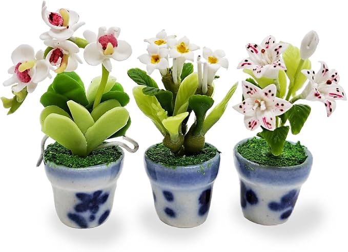 WitnyStore Tiny 1½" High 3 Pieces Set Lily Orchid Plumeria Hand Made Artificial Flowers Realistic Colorful Miniature Modelling Clay Flower Pots Brilliant Variety of House Plant Species Home Decoration