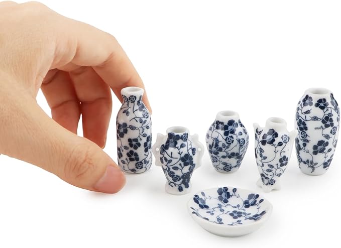 Dollhouse Vase 7 Pcs Set Miniature 1/12 Scale Blue Flower White Porcelain Vases Set, Dollhouse Decoration Accessories