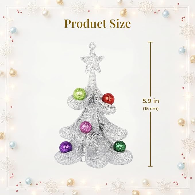XMIAOX Mini Metal Christmas Tree, 5.9" Handcrafted Wire Mesh Tree Tabletop Hanging Ornament with Star Tree Topper & Colorful Glitter Balls, Sparkling Holiday Decoration for Desk, Shelf & Home Décor