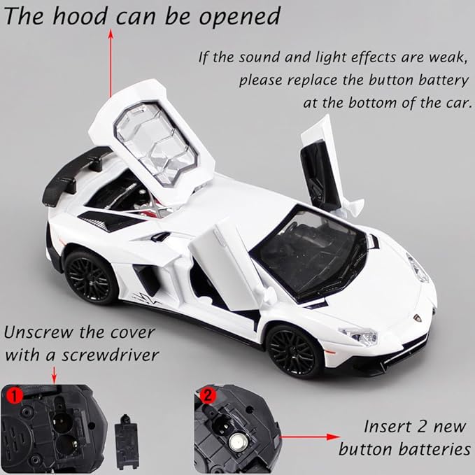 White Lambo Aventador Toy Car Model Pull Back Vehicles Diecast with Light & Sound