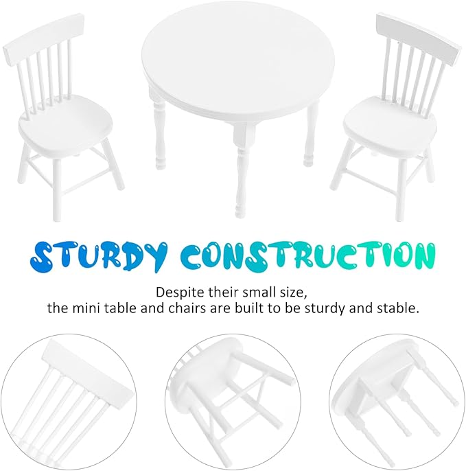 Vaguelly 1 Set Dollhouse Dining Table and 2 Chairs,1/12 Scale Miniature Table Chair Set,Wooden Dollhouse Kitchen Furnitures Miniature Chairs and