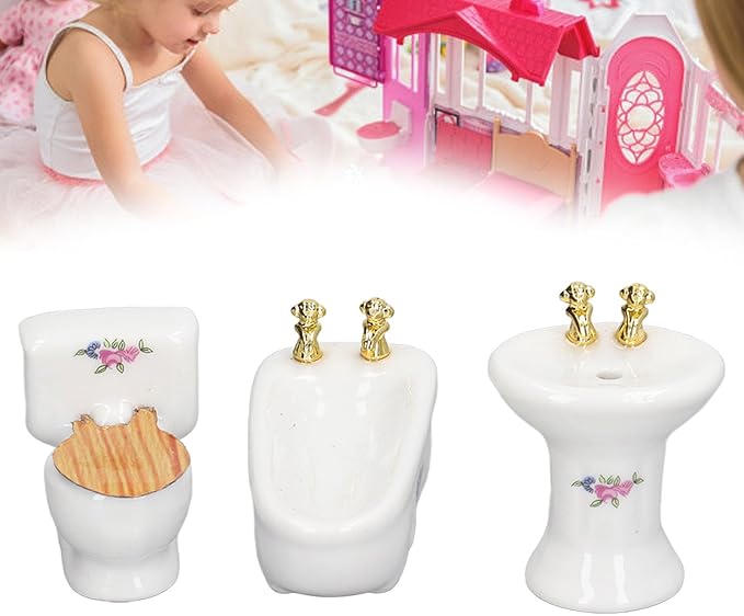 shenruifa 3Pcs Dollhouse Miniature Bathroom Set, 1:24 Ceramic Simulation Bathtub Toilet Sink Dollhouse Bathroom Furniture (Flower Shape)