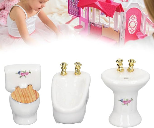 1:24 Dollhouse Miniature Bathroom Set, Ceramic Simulation Bathtub Toilet Sink, Miniature Furniture, Mini Ceramic Bathroom Furniture Set for Dollhouse Restroom Decoration (Flower Pattern)