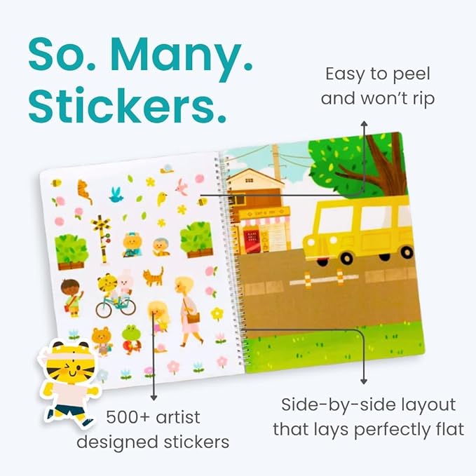 CUPKIN Sticker Book for Kids 2-4, 500+ Kids Stickers, Let's Go to School 12 Coloring Pages 12 Side by Side Scenes, Fun Toddler Travel Activity Coloring and Sticker Books for Ages 4-8 + 8-10