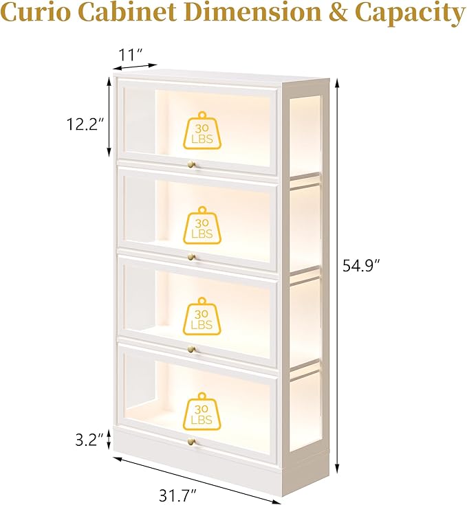 Display Cabinet with Acrylic Glass Doors,4-Tiers Curio Cabinet with LED Lighting for Collectibles, Collectibles Toy Organizers Rack & Display Shelf Display Case Storage Cabinet, Antique White