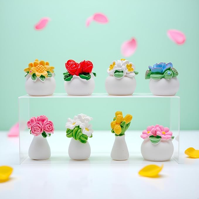 8-Piece Mini Artificial Flowers and Plants – Tiny Dollhouse Greenery Set with Roses, Tulips, Sunflowers & Lilies, Fake Bonsai Ornaments for Crafts, DIY Decorations, Home & Fairy Garden Display