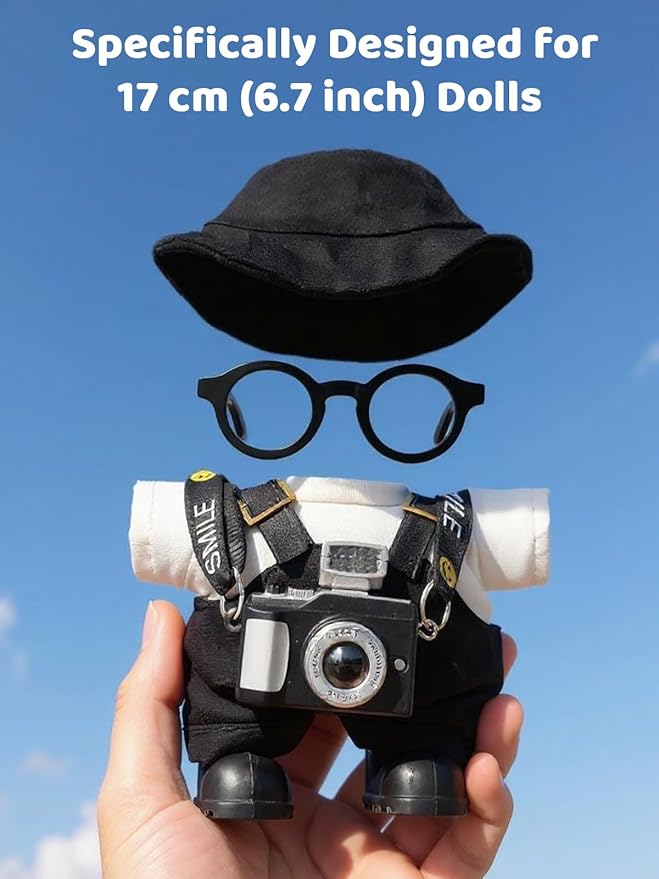 17cm Doll Clothes – 6-Piece Set, Hat + Overalls + Shirt + Camera + Glasses + Shoes, Cute and Premium Dolls Outfit Accessories (Black)