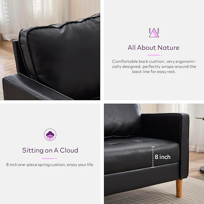 TYBOATLE 57" Small Black Faux Leather Sofa Couches, 2 Piece Living Room Set, Mid-Century Modern Tufted Comfy Loveseat, 2 Seater Office Couch Love Seat for Small Space Bedroom Drom Apartment Playroom