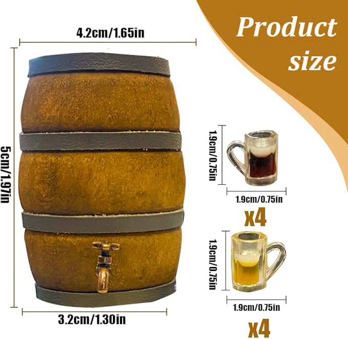 9Pcs Mini Beer Barrel Decor Miniature Wooden Figurine Wine Barrel Model with Faucet and Wine Glass Suitable for Fairy Garden Bar Doll House Decoration