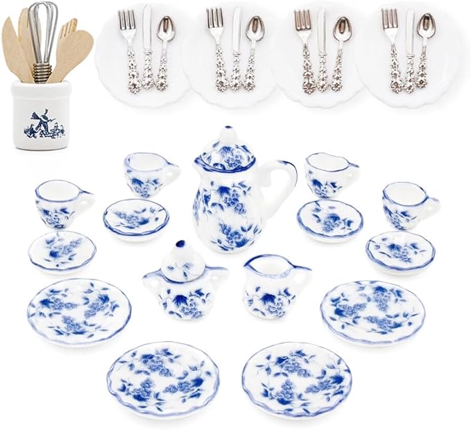 Odoria 1/12 Miniature Porcelain Tea Set Plates and Silverware Kitchen Utensils Dollhouse Accessories, Grapes