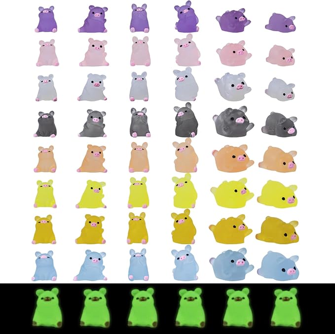 48 Pcs Luminous Mini Resin Pigs Tiny Animals Miniature Pig Figures Glow in The Dark for DIY Garden Dollhouse Pig Figurines Accessories Micro Landscape Aquarium Party Decor