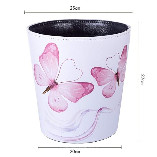 Scakbyer 10L/2.64 Gallon PU Leather Trash Can Decorative Waterproof Wastebasket Paper Basket Garbage Bin for Home Office Bathroom - Pink Butterfly