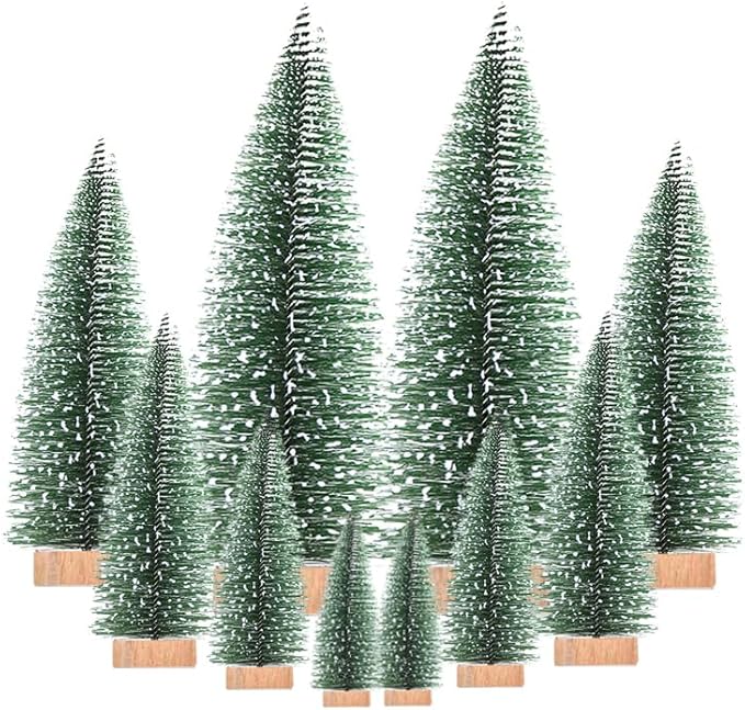 Yahpetes Miniature Christmas Tree 10 Pcs Pine Trees Sisal Trees Snow Frost Ornaments with Wooden Bases for Miniature Scenes, Christmas Crafting and Designing, 5 Size