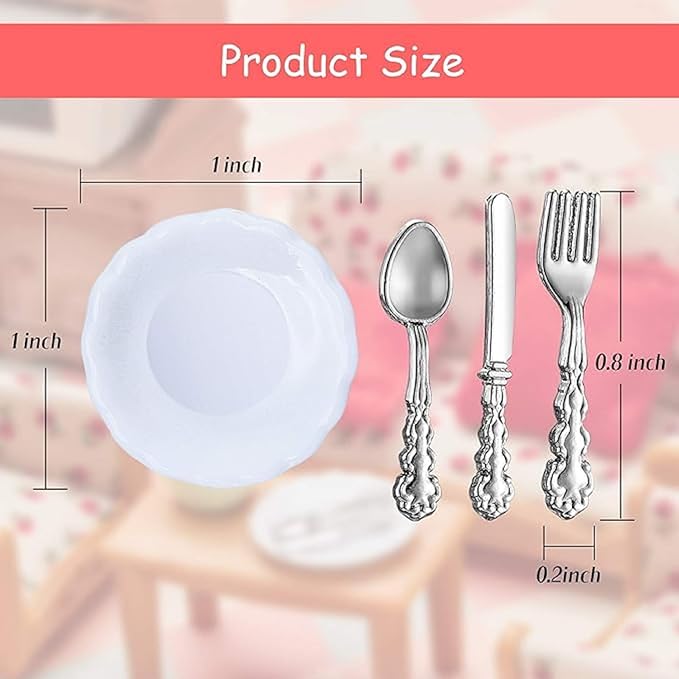 Skylety 8 Pieces 1: 12 Scale Minature Dollhouse Accessories Mini House Plates and 12 Spoons Knives Forks Metal Tableware Kitchen Accessories Miniatures Porcelain Plate Set Mini House Decoration