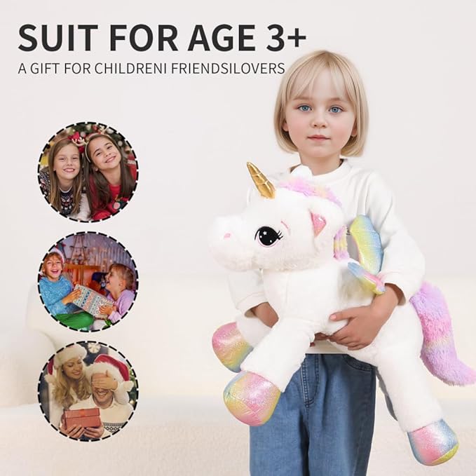 24 Inch Big Unicorn Stuffed Animal Plush Toy Pillow, Cute Soft Giant Unicorn with Rainbow Wings Large Doll, Gift for Children Girls Boys Kids Valentine Birthday Christmas